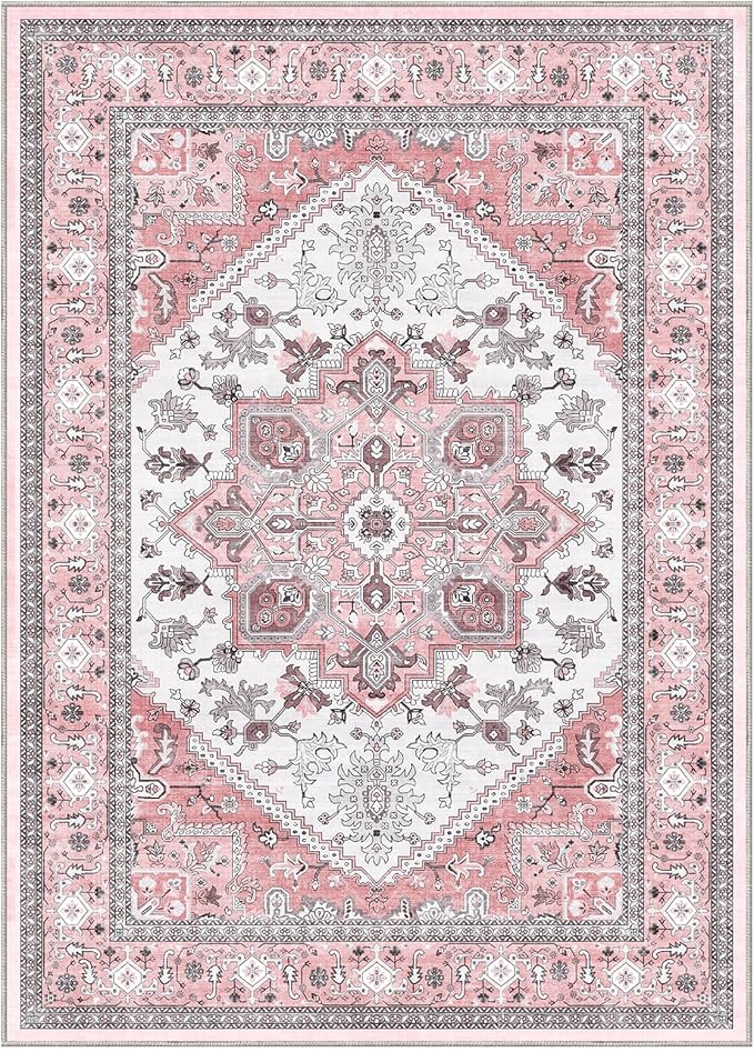 OPPODREAM Thin Area Rugs 3x5, Washable Rugs with Non Slip Backing, Low-Pile Throw 3x5 Carpet, Faux Cashmere 3 x 5 Carpet, Pink & Cream
