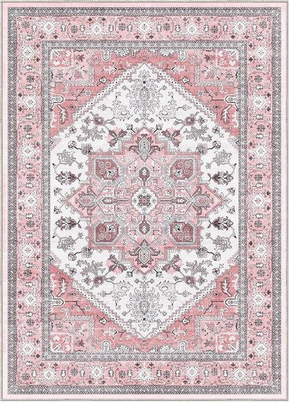 OPPODREAM Thin Area Rugs 3x5, Washable Rugs with Non Slip Backing, Low-Pile Throw 3x5 Carpet, Faux Cashmere 3 x 5 Carpet, Pink & Cream