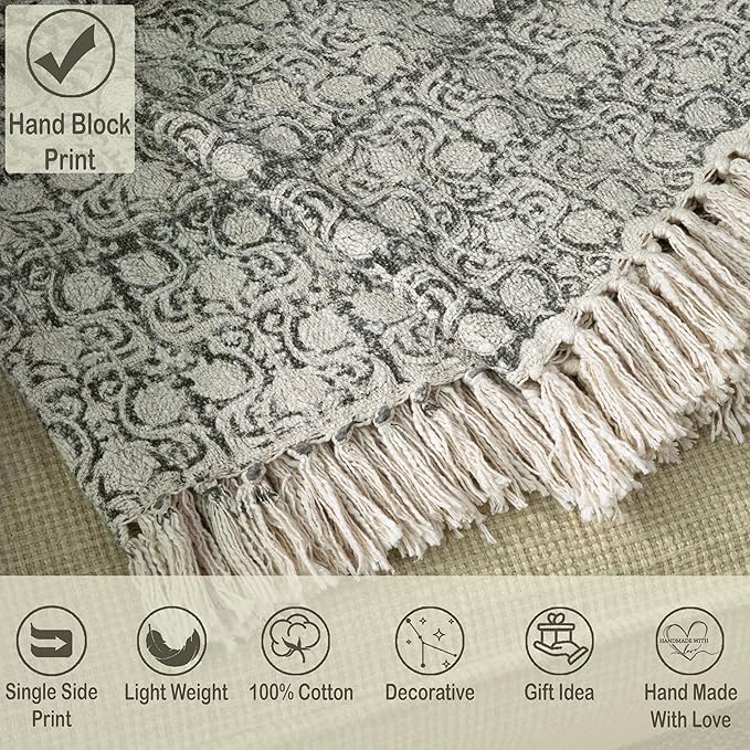 100% Pure Cotton Handblock Printed Throw Blanket, Soft 50" x 60" Fringed Floral Print Throw for Couch, Sofa, Chair, Bed - Cozy, Machine Washable, Comfortable Home Decor