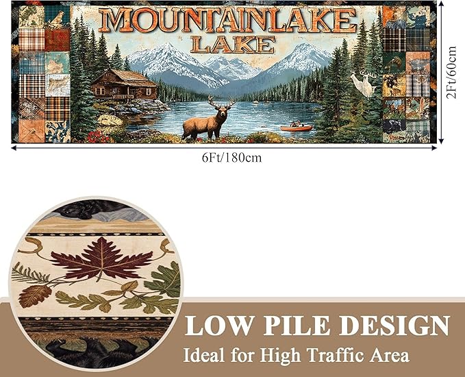 Retro Elk Runner Rug 3.3x7ft with Boat and Alpine Flowers - Bohemian Washable Rug Thick Anti-Fatigue Mat for Entryway, Geometric Art Pattern Living Room Hallway Entrance Decor