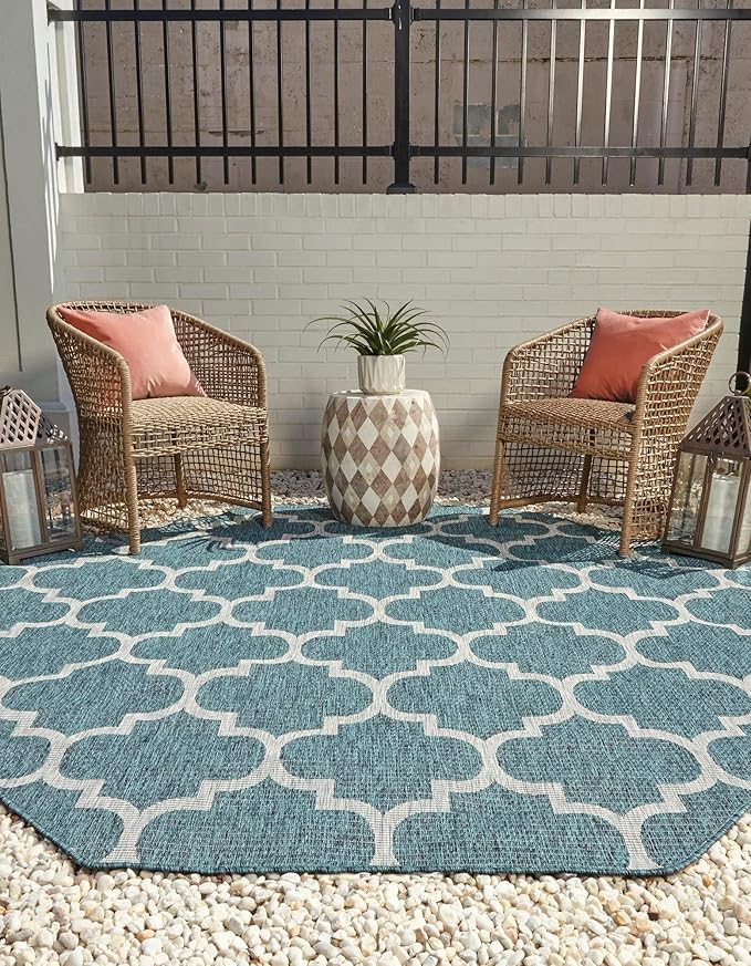Unique Loom Outdoor Trellis Collection Area Rug (5' 1" Octagon, Teal/ Gray)