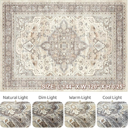 10x12 Area Rug Living Room: Washable Boho Large Neutral Vintage Soft Rugs Stain Resistant Farmhouse Non Slip Indoor Floor Carpet for Bedroom Nursery Kids Playroom Office Dining Room- Beige Brown