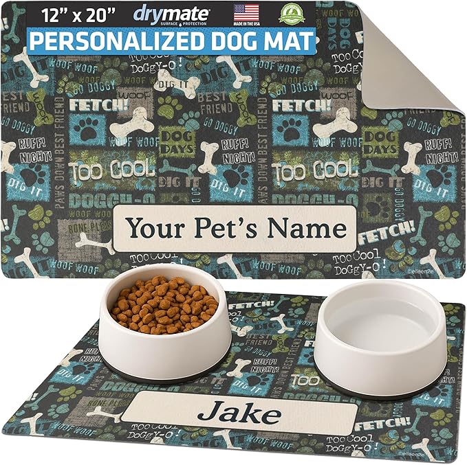 Drymate Personalized Pet Bowl Placemat, Custom Dog & Cat Food Feeding Mat - Absorbent Fabric, Waterproof Backing - Machine Washable/Durable (USA Made) (12" x 20") (Best Friend Green)