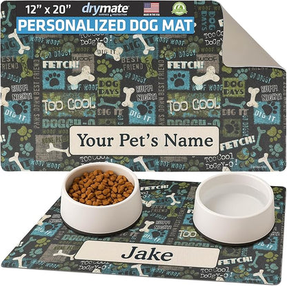 Drymate Personalized Pet Bowl Placemat, Custom Dog & Cat Food Feeding Mat - Absorbent Fabric, Waterproof Backing - Machine Washable/Durable (USA Made) (12" x 20") (Best Friend Green)