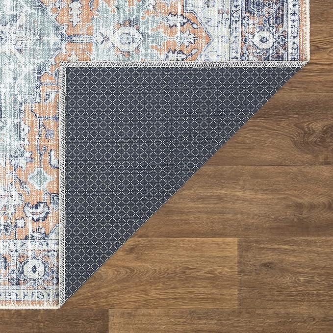 Bloom Rugs Washable Non-Slip 6' x 9' Rug - Peach/Blue Traditional Area Rug for Living Room, Bedroom, Dining Room, and Kitchen - Exact Size: 6' x 9'