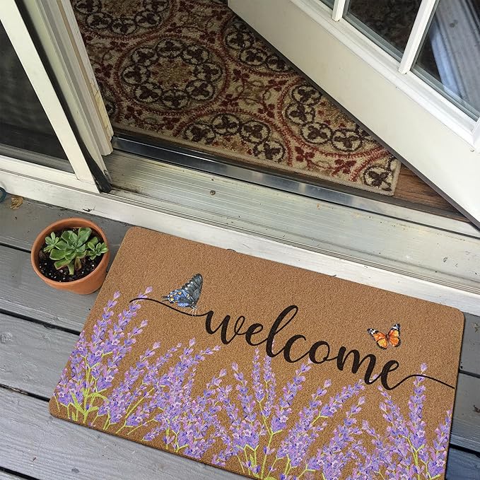 Lavender Floral Welcome Door Mat, Rustic Floral Butterfly Welcome Front Door Mat Indoor Outdoor Entrance, Purple Flower Artificial Coir Doormats Rugs for Porch Entryway Decor 30x17in