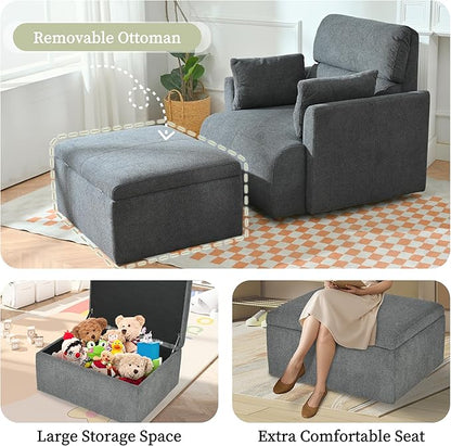 Modern Oversized Accent Chair with Storage Ottoman & 2 Side Pillows, Snowflake Fleece Upholstered Chaise Lounge Chair, Deep Seat Reading Chair for Living Room, 350lbs Capacity
