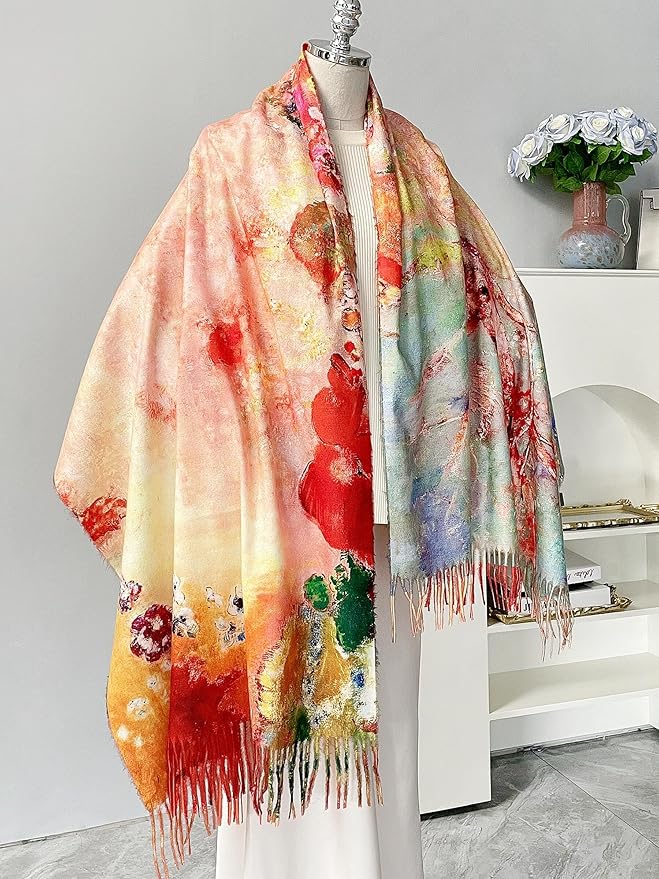 VENVSBEE Reversible Scarf Soft Large Shawl Wrap Blanket Double Sided Art Print Warm Pashmina Stoles Klimt Van Gogh Gifts