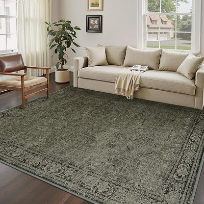 Vintage Area Rug 6x9 Washable Olive Brown Living Room Carpet Large Indoor Non Slip Bedroom Low Pile Kitchen Distressed Retro Accent Throw Rug for Dining Room