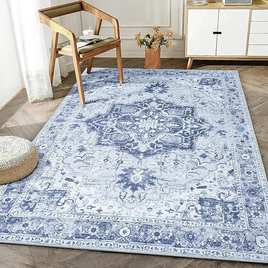 Bloom Rugs Washable Non-Slip 5' x 7' Rug - Gray/Blue Traditional Medallion Area Rug for Living Room, Bedroom, Dining Room, and Kitchen - Exact Size: 5' x 7'