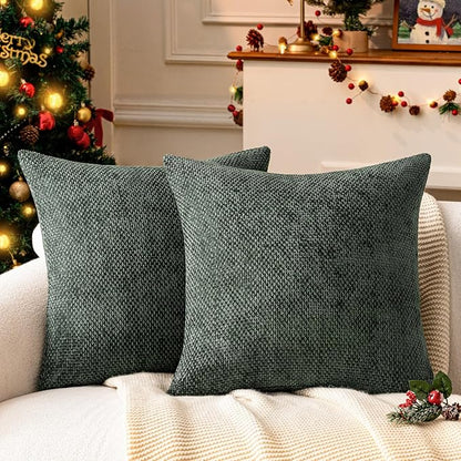 a moment Christmas Dark Green Chenille Throw Pillow Covers 20x20 Inch Pack of 2 Modern Decorative Throw Pillow Covers Farmhouse Cross Covers Home Decor for Sofa Bedroom Living Room