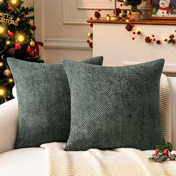 a moment Christmas Dark Green Chenille Throw Pillow Covers 22x22 Inch Pack of 2 Modern Decorative Throw Pillow Covers Farmhouse Cross Covers Home Decor for Sofa Bedroom Living Room