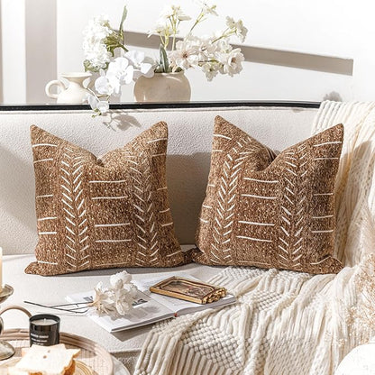 BlissBlush Fall Brown Decorative Throw Pillow Covers 22X22, Set of 2, Boho Farmhouse Cushion Cover, Cozy Soft Accent Pillowcase for Couch Sofa Bed Living Room Home Décor