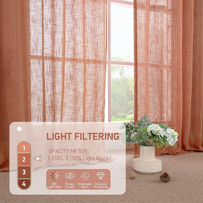 LAMIT Terracotta Linen Curtains 90 Inch for Living Room, Fall Western Decor Panels, Back Tab and Rod Pocket Boho Burnt Orange Rustic Drapes for Bedroom, Set of 2, 52 x 90 Inch