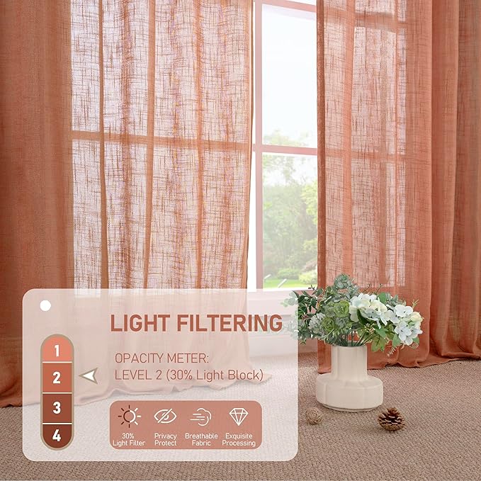 LAMIT Terracotta Linen Semi Sheer Curtains 45 Inch for Bedroom, Light Filtering Neutral Window Curtains Farmhouse Boho Back Tab and Rod Pocket Fall Decor Panels, 2 Panels, 52 x 45 Inch
