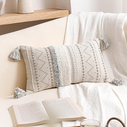 BlissBlush Decorative Lumbar Throw Pillow Cover 12x20 Combo Set of 2 Gray Rectangular Boho Accent Pillowcase Neutral Grey Farmhouse Cushion for Couch Sofa Bedroom Living Home Décor Cover ONLY