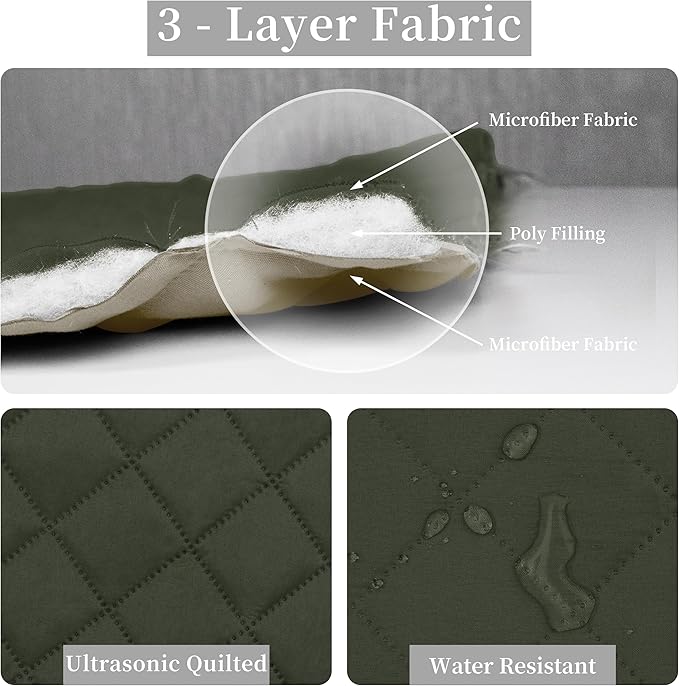 Easy-Going King Size Reversible Quilt Set with 1 Quilt and 2 Pillow Shams, Soft Bed Quilt Cover, Water Resistant Lightweight Microfiber Bedspread, Stain Resistant, Army Green/Beige