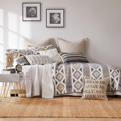 Levtex Home Tobago Stripe Taupe Reversible Twin XL/Twin Quilt Set (68x86in) with 1 Pillow Sham (26x20in) - Striped - Taupe, White - Cotton Twin Size Quilt Bedding Set - Lightweight, Soft, Pre-Washed