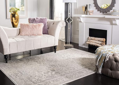 SAFAVIEH Adirondack Collection Area Rug - 9' Square, Ivory & Silver, Distressed Vintage Floral Design, Non-Shedding & Easy to Clean, Ideal for Living Room, Bedroom, Dining Space (ADR109C)