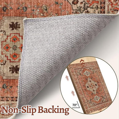 Tangsoo Boho Hallway Runner Rug 2.6x14 Washable Runner Rug for Hallways, Non Slip Vintage Soft Low Pile Long Rug Runner, Oriental Terracotta Carpet Runners for Kitchen Bedroom Entryway Living Room
