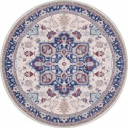 OPPODREAM Thin Round Rug 6ft, Washable Circle Rug 6ft with Non Slip Backing Play Room, Low-Pile Carpet 6 ft, Faux Cashmere Throw Carpet, Navy Blue & Red & Cream