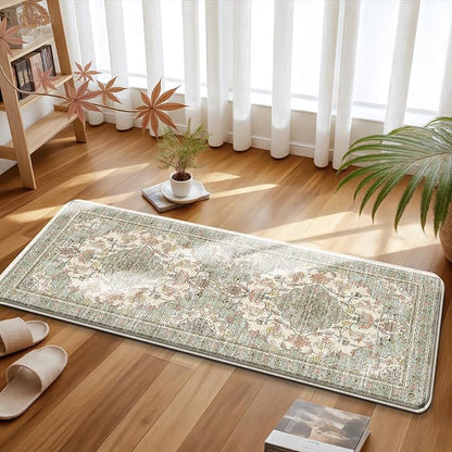 Boho Kitchen Mats for Floor 2 Piece Set Anti Fatigue Cushioned PVC Kitchen Rugs Non Slip Waterproof Farmhouse Mats 2/5 Inch Comfort Standing Mat for Sink, Laundry, 17.3"x47"+17.3"x28", Green Beige