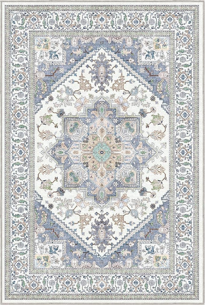 OPPODREAM Thin Area Rugs 5x7, 5x7 Washable Rug with Non Slip Backing, 5 x 7 Faux Cashmere Low-Pile Carpet, Purple & Green & Cream