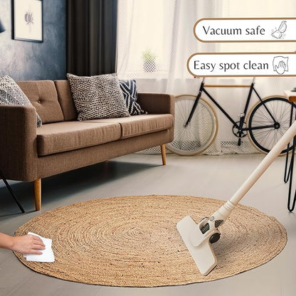Ramanta Home Hand Woven Jute Braided Rug 4' Round - Natural, Farmhouse Accent Circle Reversible Rugs for Kitchen, Nursery, Kids Room, Boho Floor Carpet for Living Room, Patio - 4 Feet Round