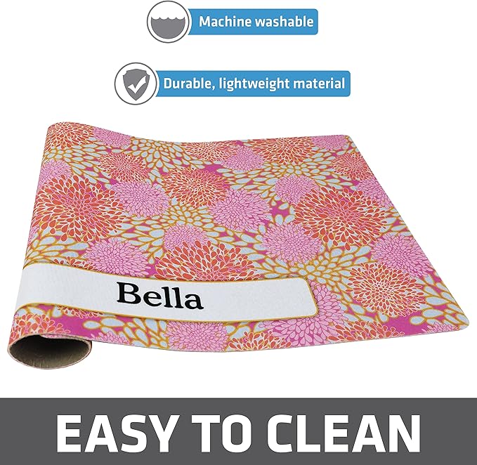 Drymate Personalized Pet Bowl Placemat, Custom Dog & Cat Food Feeding Mat - Absorbent Fabric, Waterproof Backing - Machine Washable/Durable (USA Made) (12" x 20") (Rejuvenation Pink Flowers)