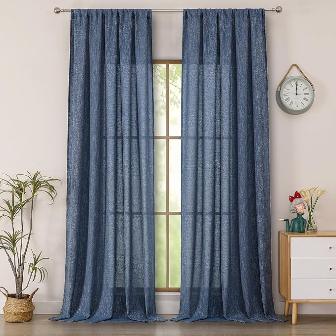 Simplebrand Navy Blue Faux Linen Textured Semi Sheer Curtains 108 Inches Long 2 Panels for Living Room, Privacy Extra Long Light Filtering Farmhouse Thick Window Drapes for Large Window, 50 x 108 Inch
