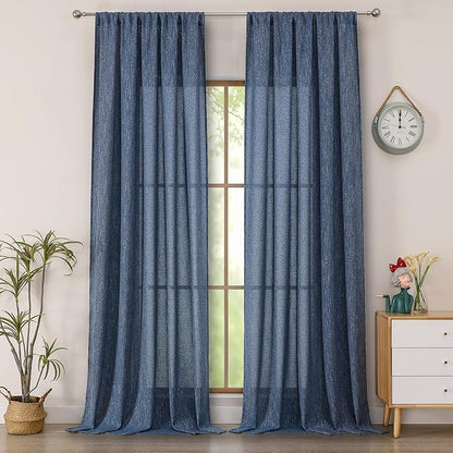 Simplebrand Navy Blue Faux Linen Textured Semi Sheer Curtains 108 Inches Long 2 Panels for Living Room, Privacy Extra Long Light Filtering Farmhouse Thick Window Drapes for Large Window, 50 x 108 Inch
