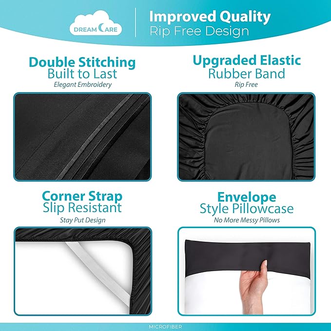 DREAMCARE Twin XL Sheet Sets – 3pcs Cooling Sheets – up to 15” Deep Pocket Twin XL Sheets Set – Hotel Luxury Sheets & Pillowcases – Superior Softness 100% Fine Microfiber with Side Pocket – Black