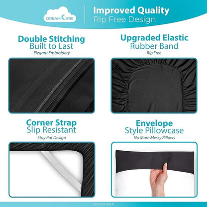 DREAMCARE Twin XL Sheet Sets – 3pcs Cooling Sheets – up to 15” Deep Pocket Twin XL Sheets Set – Hotel Luxury Sheets & Pillowcases – Superior Softness 100% Fine Microfiber with Side Pocket – Black