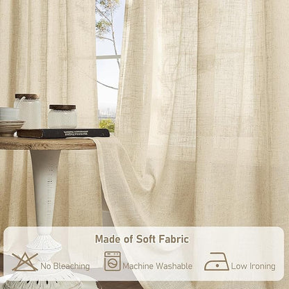 LAMIT Natural Linen Curtains for Living Room, 80 inch Length Light Filtering Semi Sheer Drapes Back Tab and Rod Pocket Farmhouse Panels for Bedroom, 2 Panels, Linen, 34 x 80 Inch