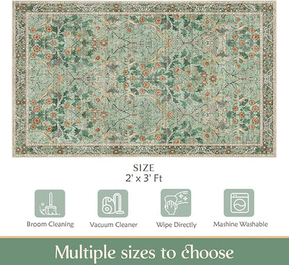 MUJOO 2x3 Washable Rug,Green Floral Small Area Rugs for Bathroom Entryway Entry Bedroom Bedside,Boho Front Door Mat Indoor Entrance Throw Carpet Botanical Vintage Non Slip Ultra-Thin
