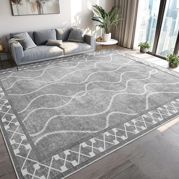 Area Rugs 6x9 Washable Rug, Non-Slip Rugs for Living Room, Low Pile Bordered Rugs Alfombras, Large Print Rubber Backing Indoor Carpet for Home Decor Bedroom Nursery Dining Room, Light Grey