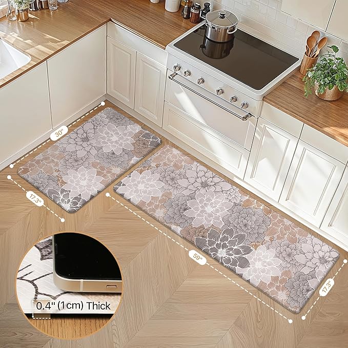 GENIMO Kitchen Mats for Floor, Kitchen Rugs Non Slip Washable Sets of 2, Waterproof Cushioned Anti Fatigue Mat, Floral Runner Rug for Laundry, Sink, Office, Home, 17.3"x59"+17.3"x30", Taupe Grey