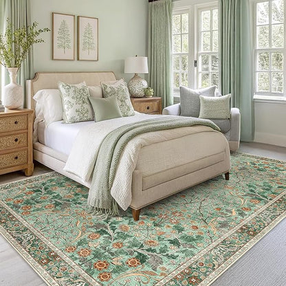 MUJOO Green Washable Rugs 8x10,Floral Area Rug for Living Room Dining Room Bedroom,Large Throw Carpet,Boho Non Slip Indoor Floor Big Soft Botanical Vintage Ultra-Thin