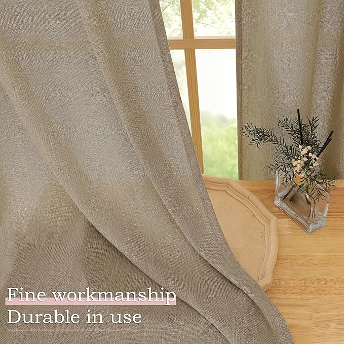 Simplebrand Taupe Faux Linen Textured Semi Sheer Curtains 72 Inches Long 2 Panels Set, Light Filtering Privacy Farmhouse Curtains, Soft Window Drapes Rod Pocket Top for French Door, Bedroom, 40W x 72L