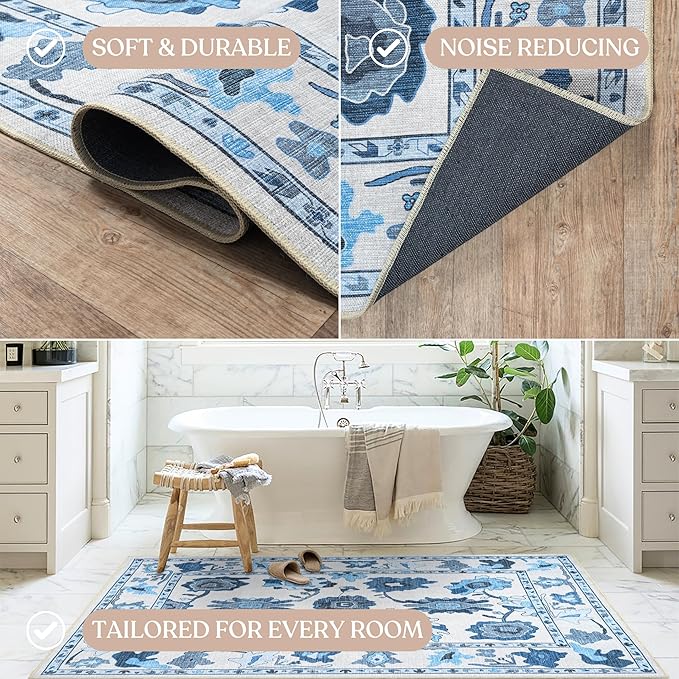 Fame Living Navy Blue Oushak Rug, Modern, Vintage, Turkish, Eclectic, Floral, Pastel, Washable, Oversized, Extra Large Area Rugs for Living Room, Dining, Bedroom, Lounge 9'5"x14'