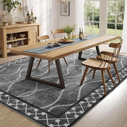 Area Rugs 6x9 Washable Rug, Non-Slip Rugs for Living Room, Low Pile Bordered Rugs Alfombras, Large Print Rubber Backing Indoor Carpet for Home Decor Bedroom Nursery Dining Room, Dark Grey