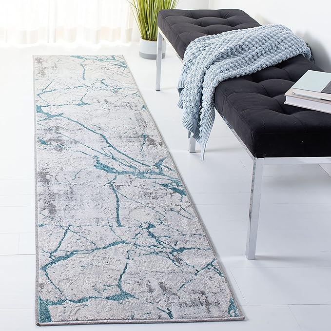 SAFAVIEH Amelia Collection Runner Rug - 2' x 8', Grey & Aqua, Modern Abstract Design, Non-Shedding & Easy Care, Ideal for High Traffic Areas in Living Room, Bedroom (ALA293H)