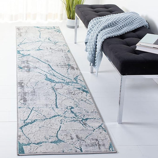 SAFAVIEH Amelia Collection Runner Rug - 2' x 8', Grey & Aqua, Modern Abstract Design, Non-Shedding & Easy Care, Ideal for High Traffic Areas in Living Room, Bedroom (ALA293H)