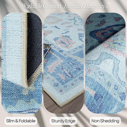 Fame Rugs Blue Modern Oushak Rug 3x5, Washable Vintage Turkish Colorful Oriental Antique Inspired Foldable Small Area Rugs, Luxury Living Room Bedroom (995BB, 2'6" x 5')