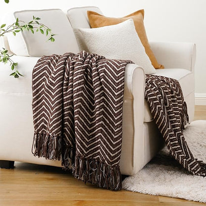 BATTILO HOME Chocolate Brown Throw Blanket for Couch, Decorative Knit Dark Brown Blanket for Bed, Super Soft Warm Throw for Fall Winter Accent Decor, 50''x60'', Chocolate/Cream