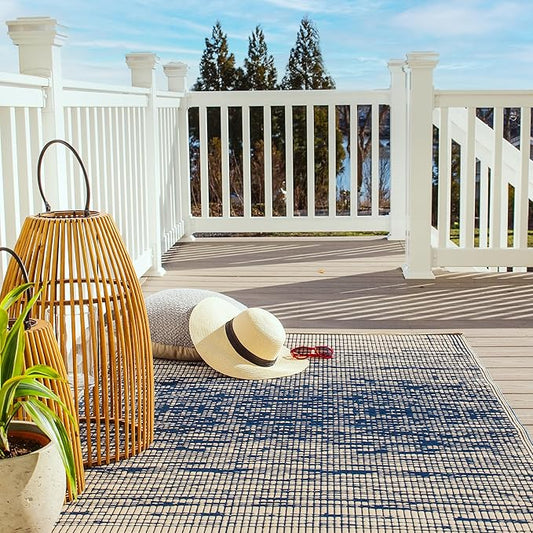 Fab Habitat Outdoor Rug - Waterproof, Fade Resistant, Crease-Free, Reversible - Premium Recycled Plastic - Distressed Abstract Stripes - Patio, Porch, Deck, Balcony - Brooklyn - Blue - 5 x 8 ft