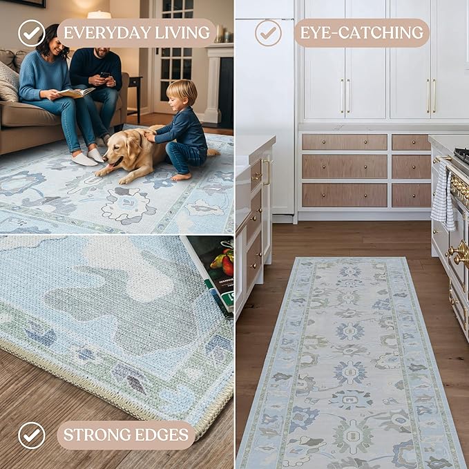 Fame Living Cream Blue Oushak Runner Rug, Modern Runners, Vintage, Turkish, Eclectic, Floral, Pastel, Washable, Long Runner Rugs for Hallway, Kitchen, Living Room, Bedroom, Kitchen, Bathroom, 2'5"x13'