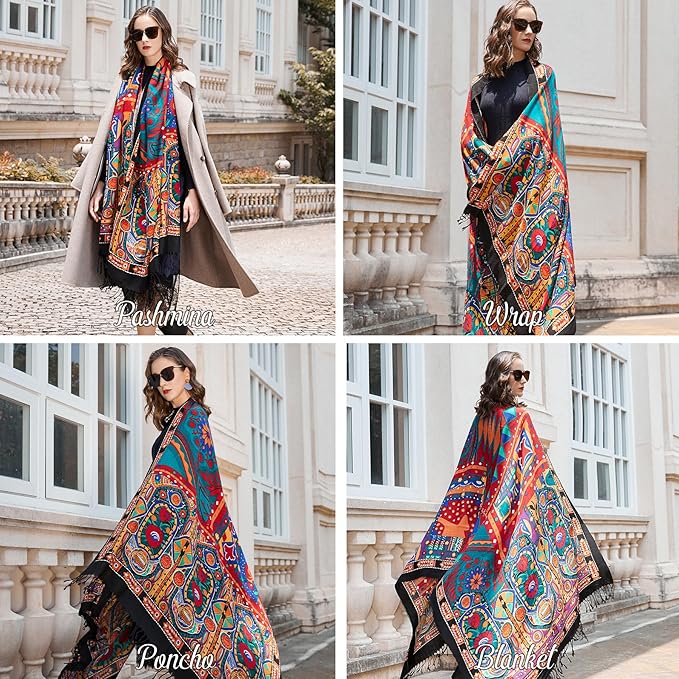 DANA XU 100% Merino Wool Extra Large Pashmina Blanket Travel Scarf Cashmere Wrap for Women Fall Winter Oversize Shawl Floral