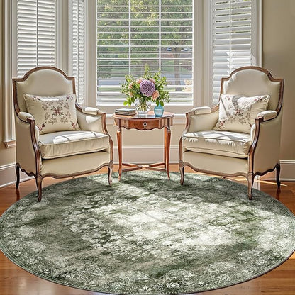 jinchan Round Rug 8ft Area Rug - Green Vintage Floor Mat Kitchen Indoor - Washable Circle 8' Thin Floral Print Christmas Carpet Retro Farmhouse Non Slip Dining Room Living Room Bedroom Office