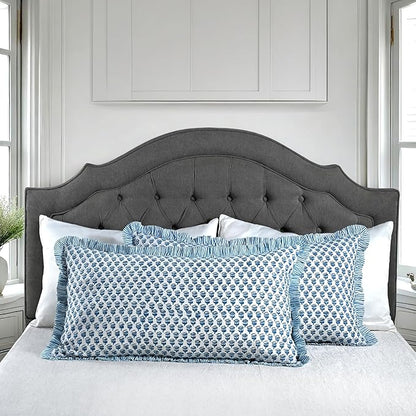 CPC Apatite Blue 100% Cotton Block Print Ruffle Sham Cover 20X36 inch Pack of 2, Handmade Boho Floral Pillowcase, Soft Decorative King Bed Pillow Cover for Bedroom Décor